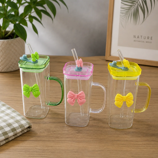 Cute Bow Glass Tumbler with Straw - 380ml
