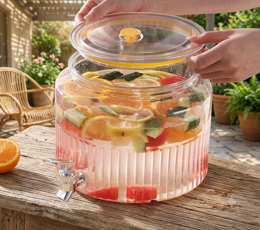 Fluted Clear Drink Dispenser with Tap & Venting Lid | Modern Fruit-Infused Water Pitcher for Summer Gatherings