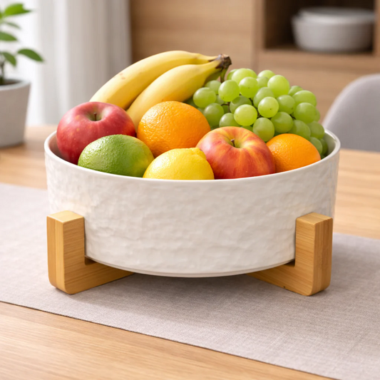 Minimalist Textured Ceramic Bowl with Wooden Stand