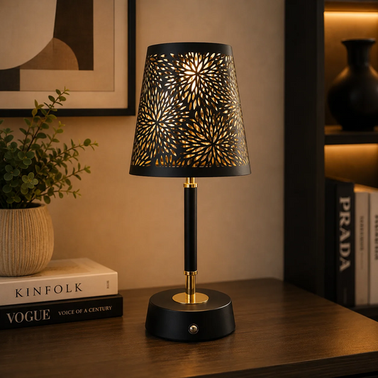 Luna Floral Cutwork LED Table Lamp – Black & Gold