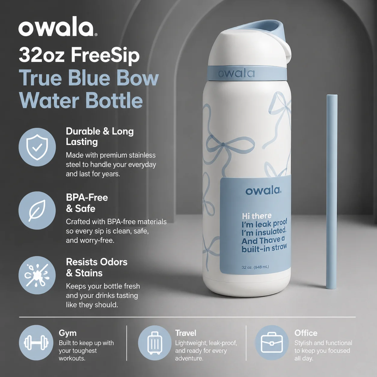 Owala FreeSip 32oz – True Blue Bow