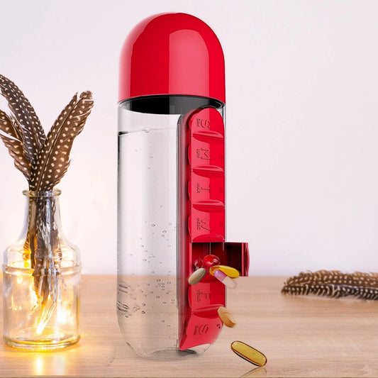 Water Bottle with Weekly Pill Organizer & Detachable Cup