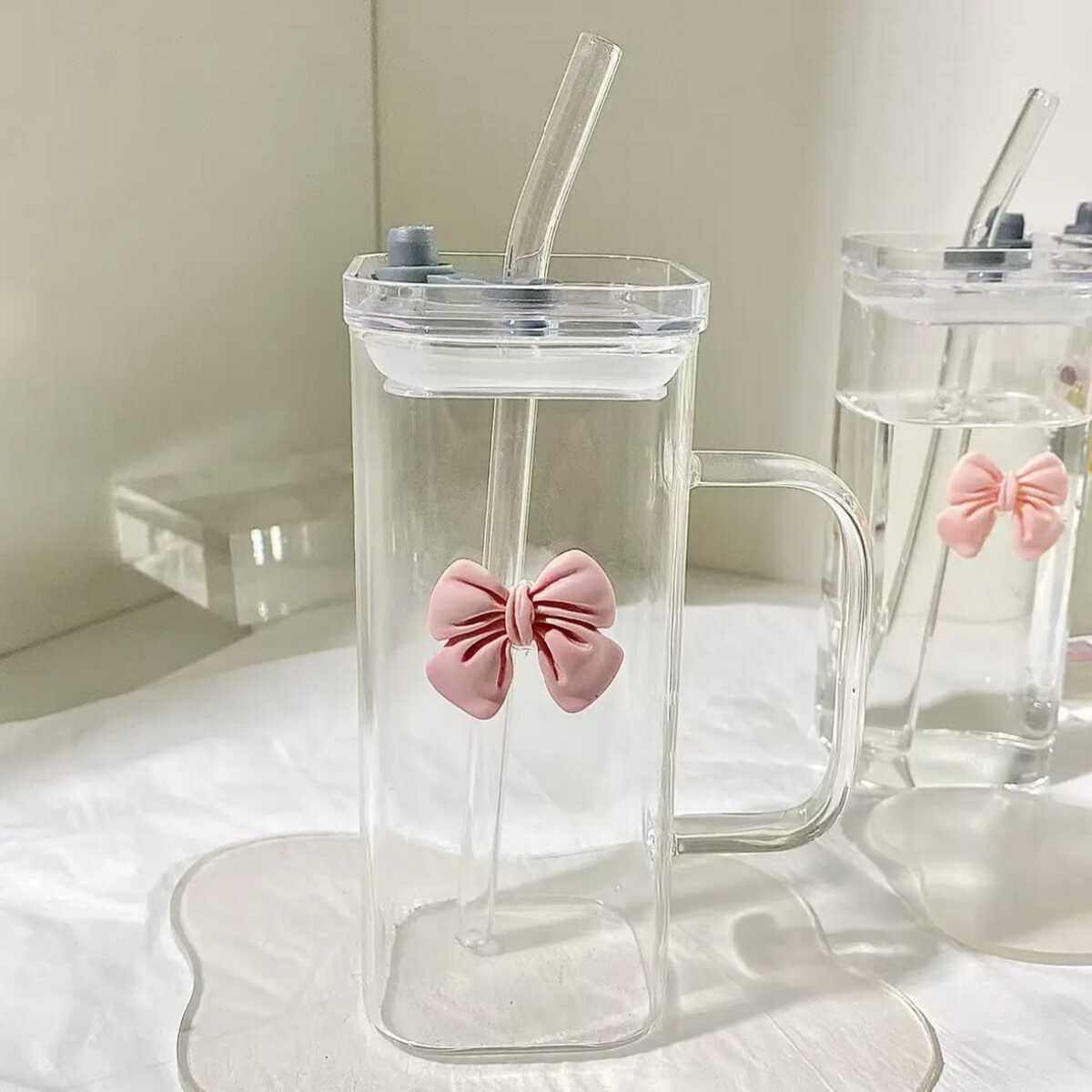 Cute Bow Glass Tumbler with Straw - 380ml