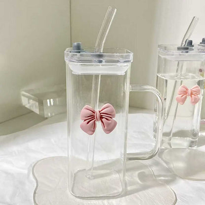 Cute Bow Glass Tumbler with Straw - 380ml