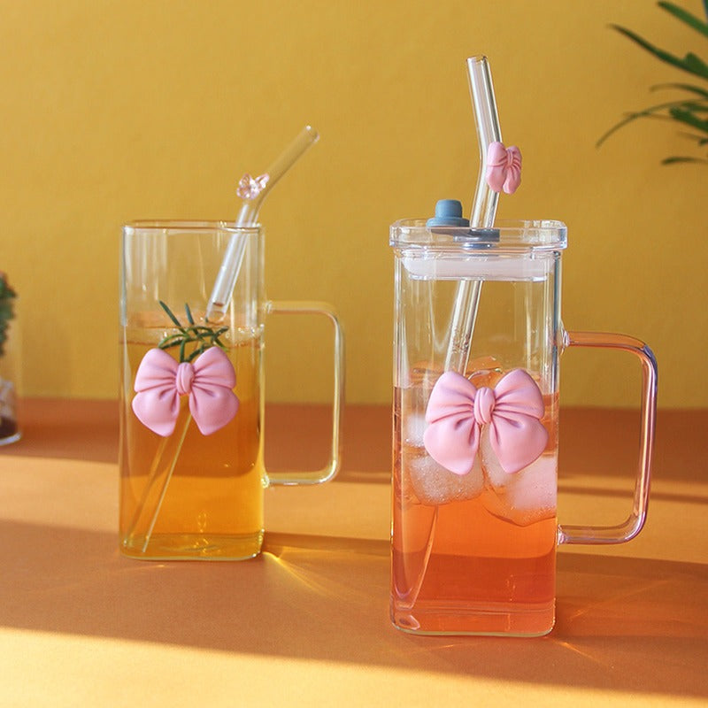 Cute Bow Glass Tumbler with Straw - 380ml