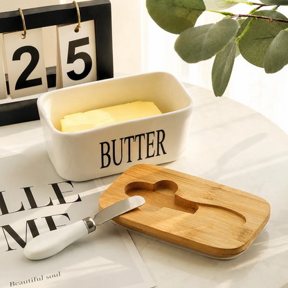 Ceramic Butter Dish with Bamboo Lid and Knife