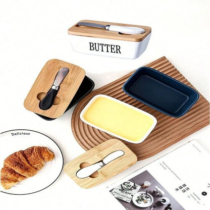 Ceramic Butter Dish with Bamboo Lid and Knife