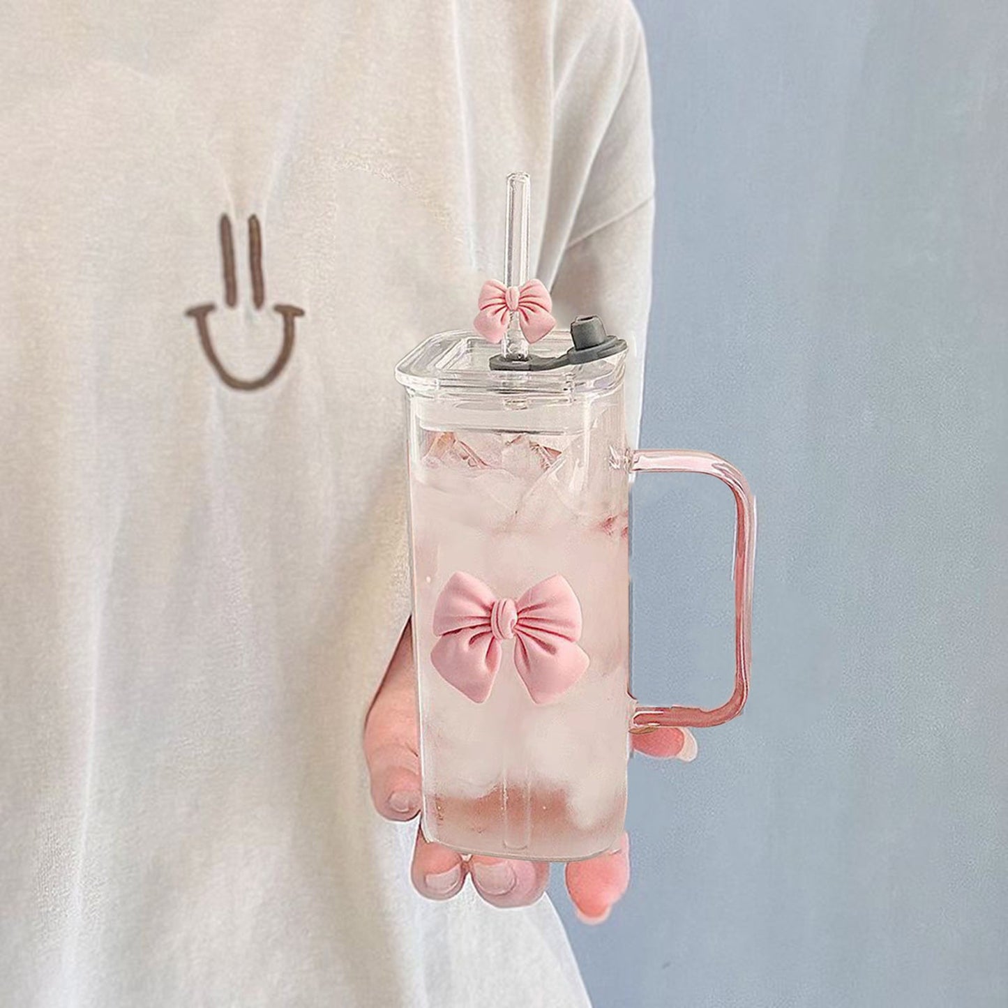 Cute Bow Glass Tumbler with Straw - 380ml