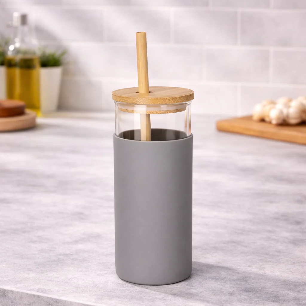 Danny Home Borosilicate Bottle with Wood Lid & Straw 17.7cm