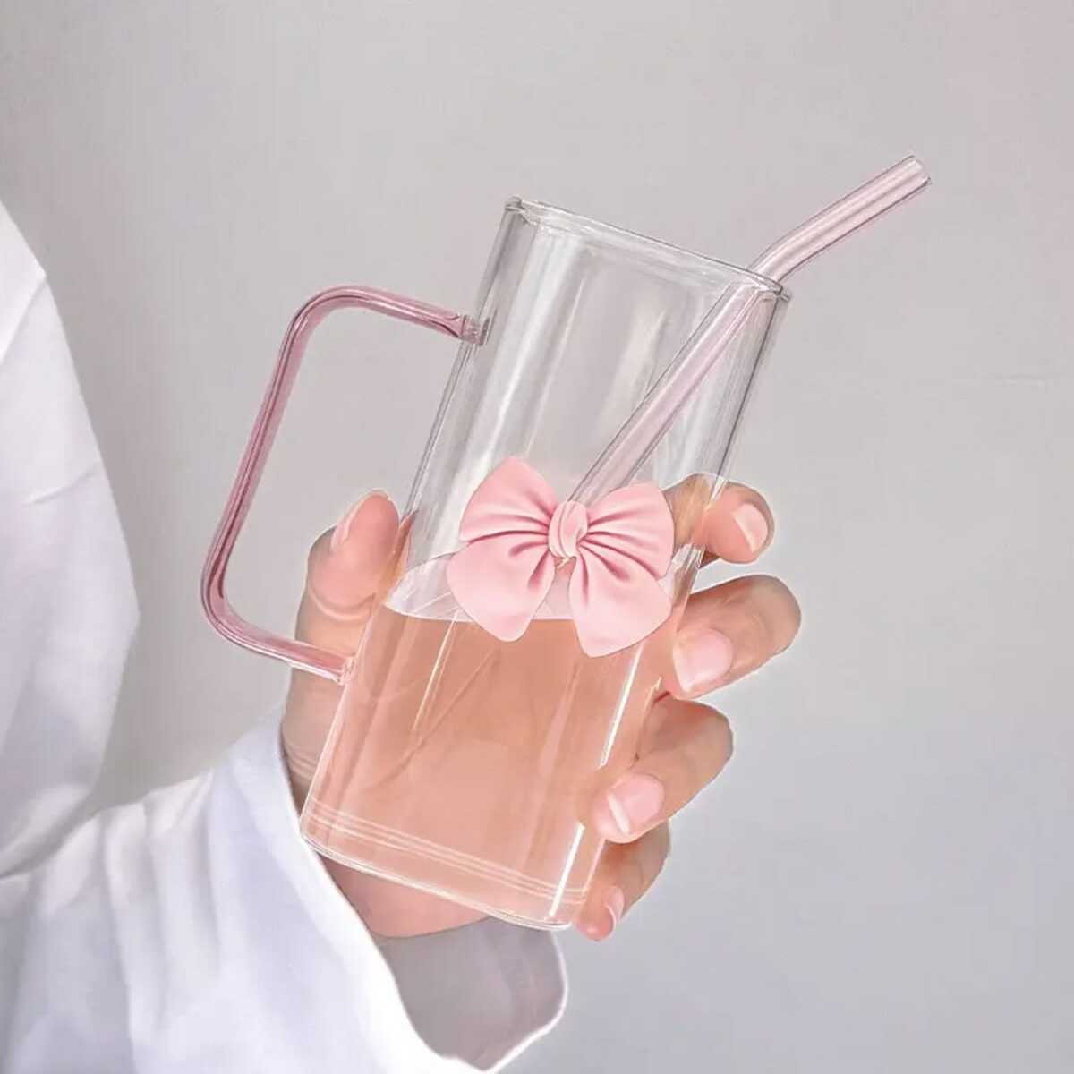 Cute Bow Glass Tumbler with Straw - 380ml