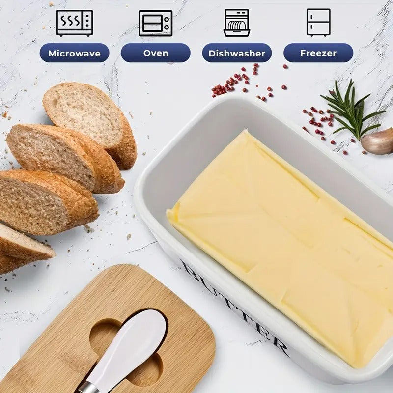 Ceramic Butter Dish with Bamboo Lid and Knife