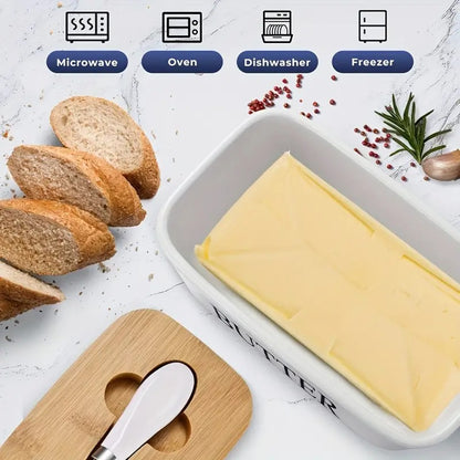 Ceramic Butter Dish with Bamboo Lid and Knife