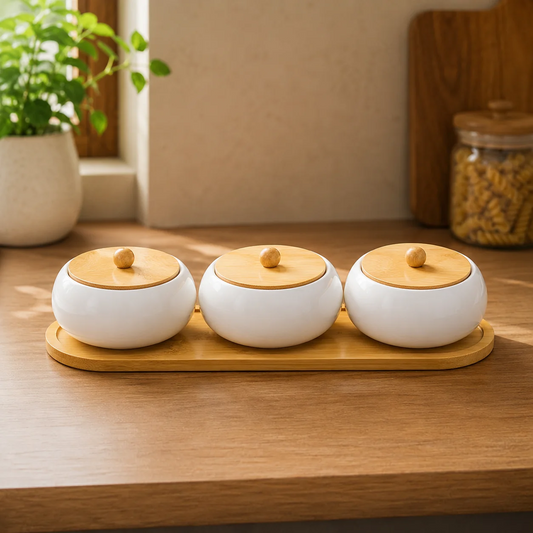 Modern Ceramic Condiment Jar Set with Wooden Tray