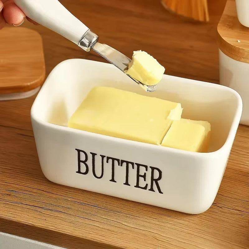 Ceramic Butter Dish with Bamboo Lid and Knife