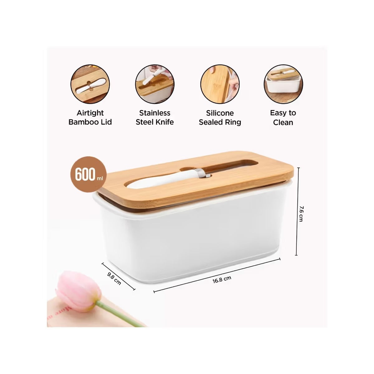 Ceramic Butter Dish with Bamboo Lid and Knife