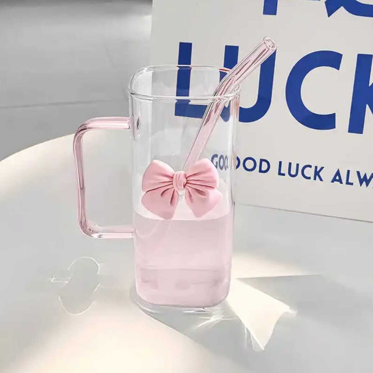 Cute Bow Glass Tumbler with Straw - 380ml