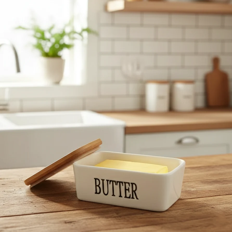 Ceramic Butter Dish with Bamboo Lid and Knife