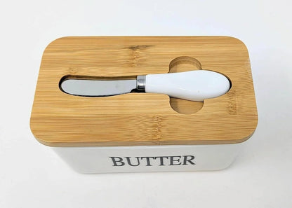 Ceramic Butter Dish with Bamboo Lid and Knife