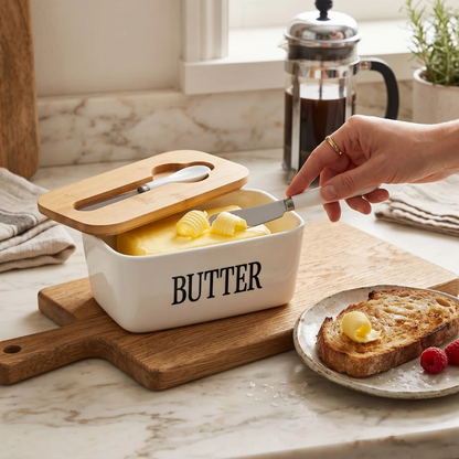 Ceramic Butter Dish with Bamboo Lid and Knife