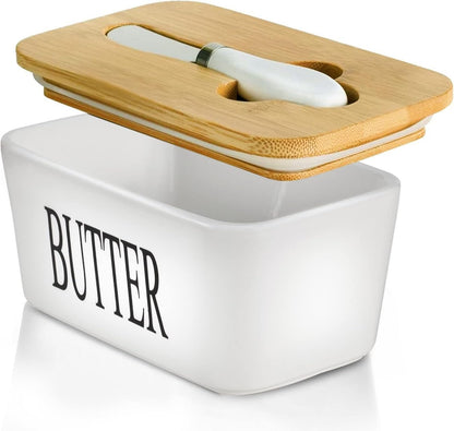 Ceramic Butter Dish with Bamboo Lid and Knife