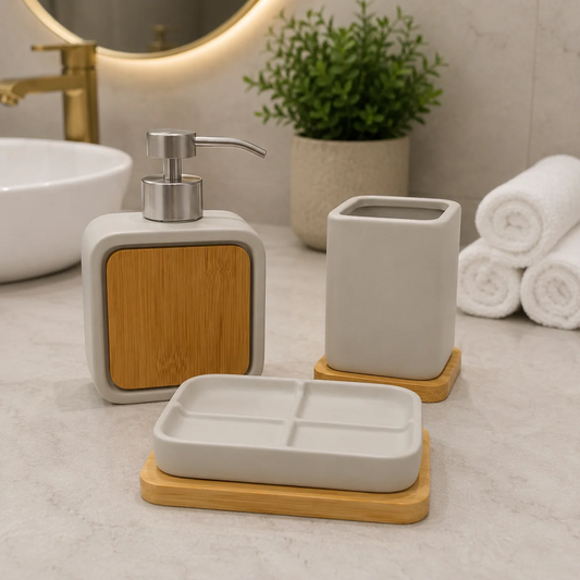 Modern Ceramic Bathroom Accessory Set with Bamboo Accents & Soap Tray