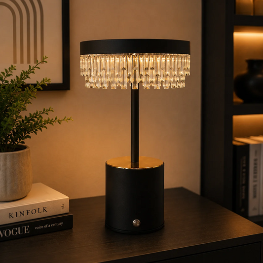 Crystal Cascade LED Table Lamp – Black & Gold