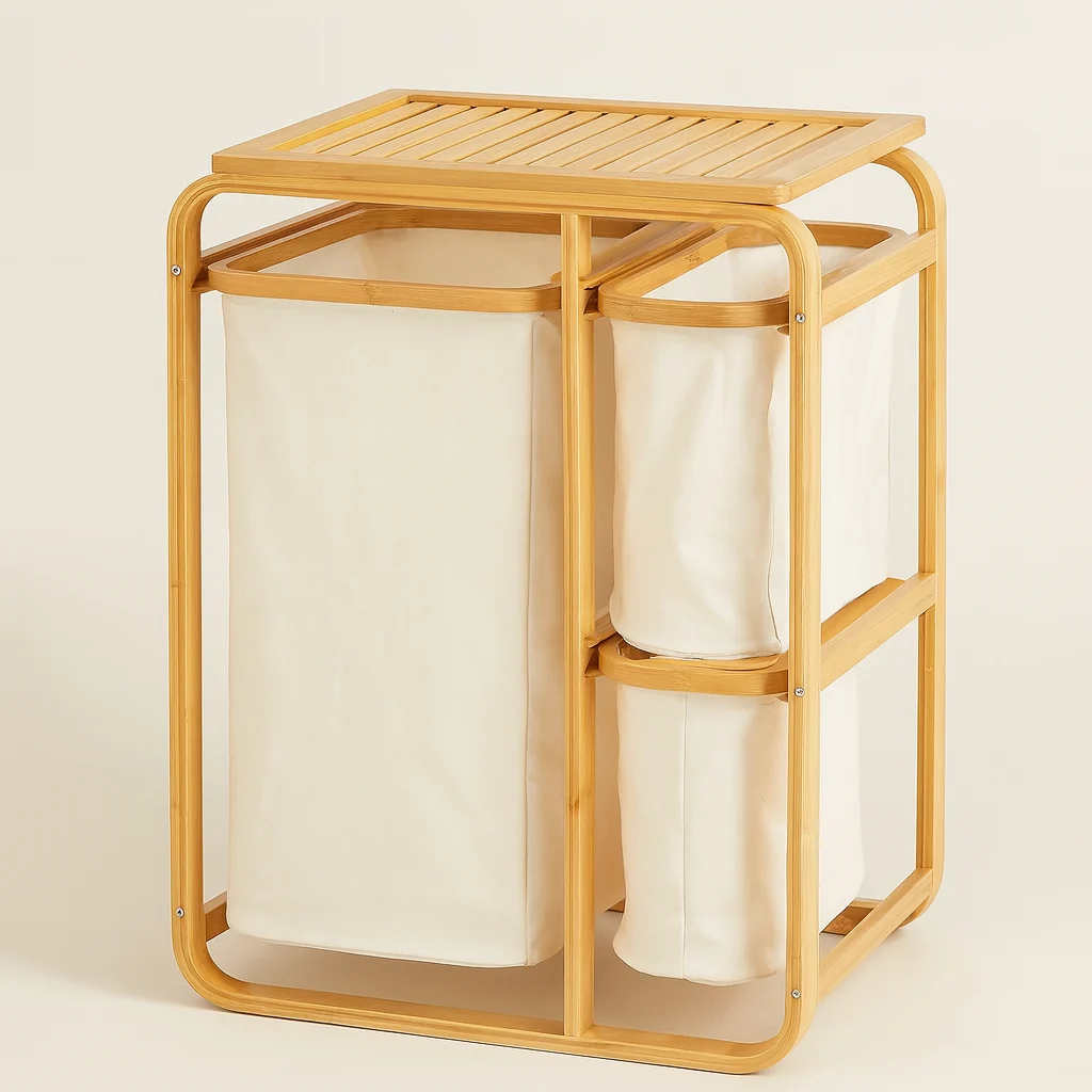 3 Grid Bamboo Laundry Basket - White