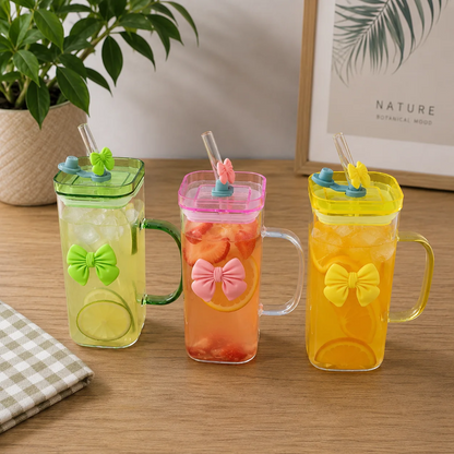 Cute Bow Glass Tumbler with Straw - 380ml