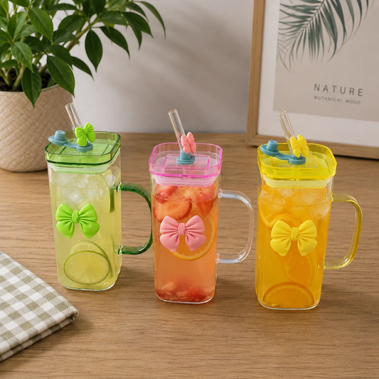 Cute Bow Glass Tumbler with Straw - 380ml