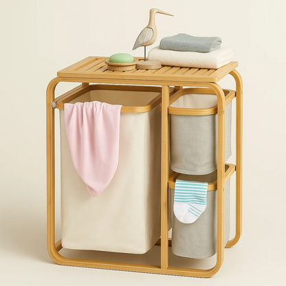 3 Grid Bamboo Laundry Basket - White