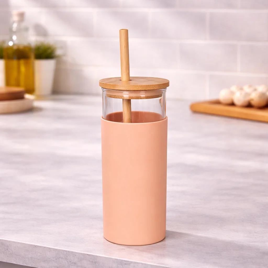 Danny Home Borosilicate Bottle with Wood Lid & Straw 17.7cm