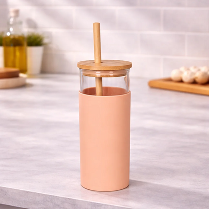 Danny Home Borosilicate Bottle with Wood Lid & Straw 17.7cm