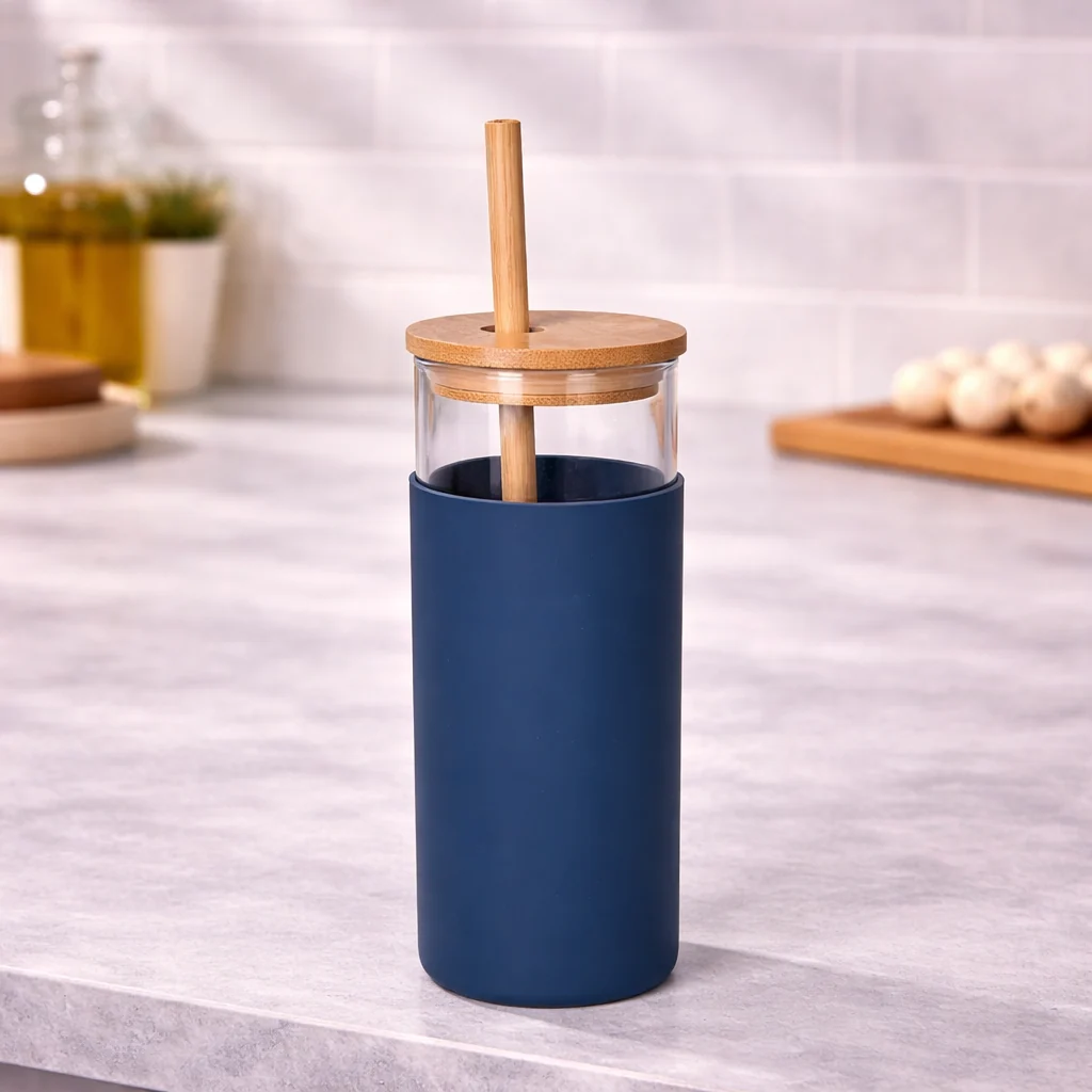 Danny Home Borosilicate Bottle with Wood Lid & Straw 17.7cm