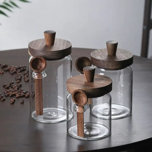 Wooden Knob Glass Jar With Spoon