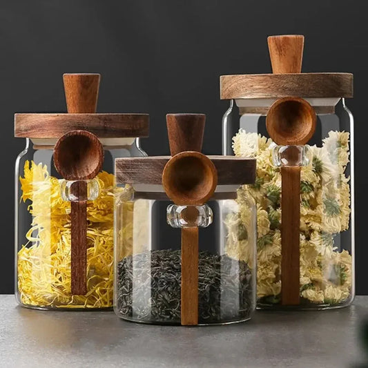 Wooden Knob Glass Jar With Spoon