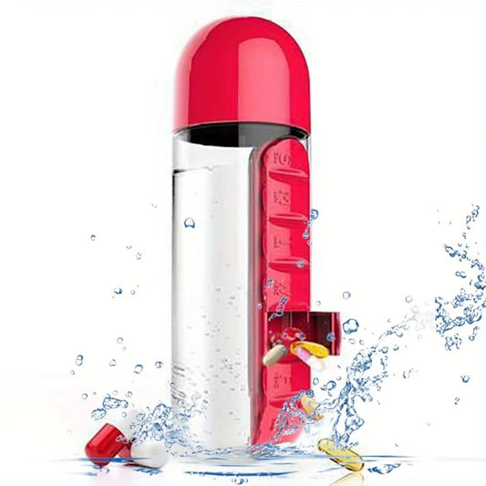 Water Bottle with Weekly Pill Organizer & Detachable Cup