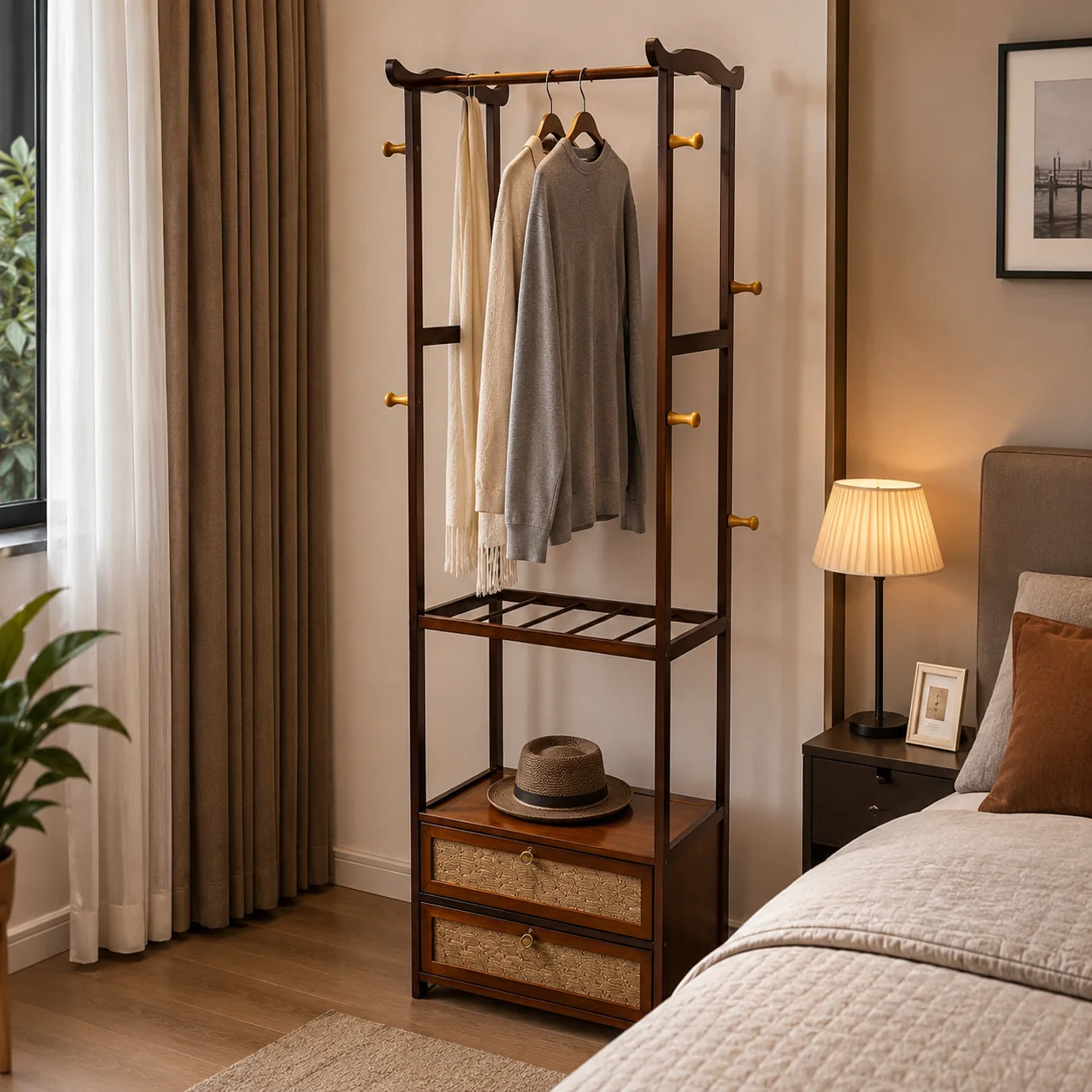 Heritage Wooden Clothes Hanging Stand with Drawers